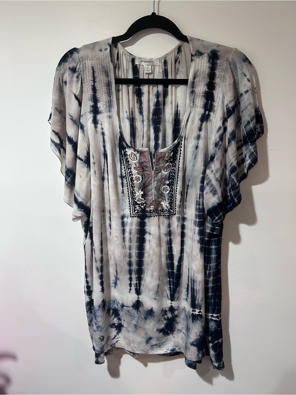 dressbarn Tie-Dye Embroidered V-Neck Tunic Top